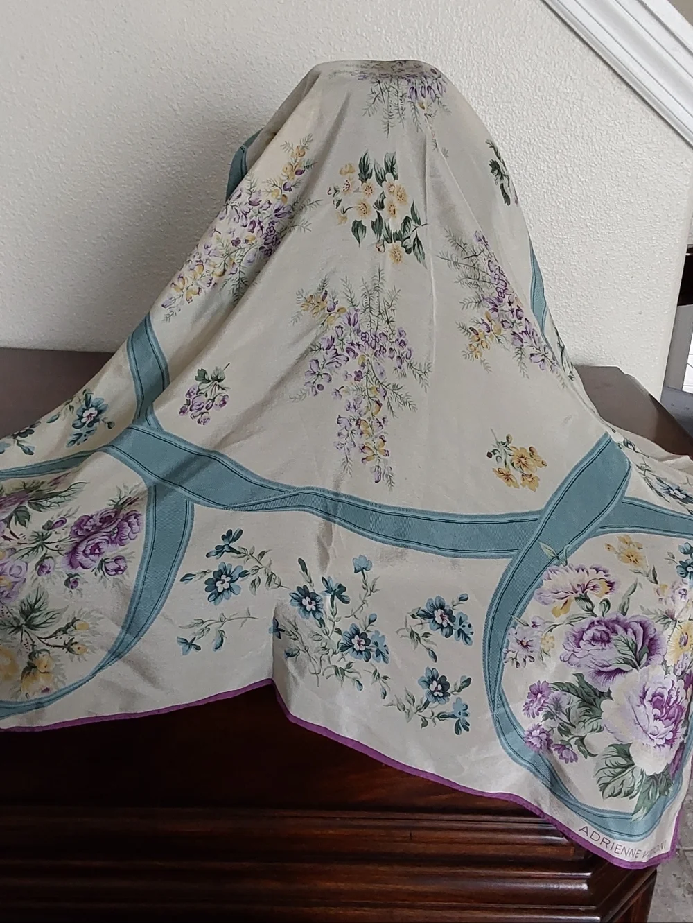 Adrienne Vittadini Cream, Lavender &‎ Teal Floral Silk Scarf